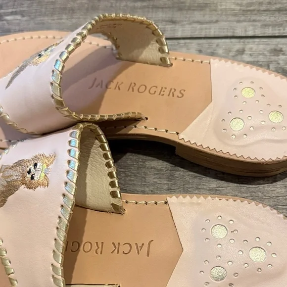 Jack Rogers Blush Leather Embroidered Puppy Thong Sandals with Gold Trim - Picture 2 of 3